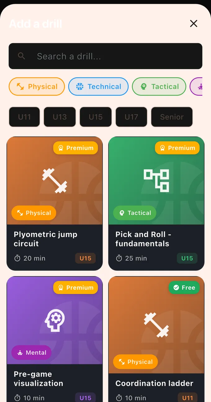 PlayerTrackr's drill library: exercises sorted by theme, with their length and age group.